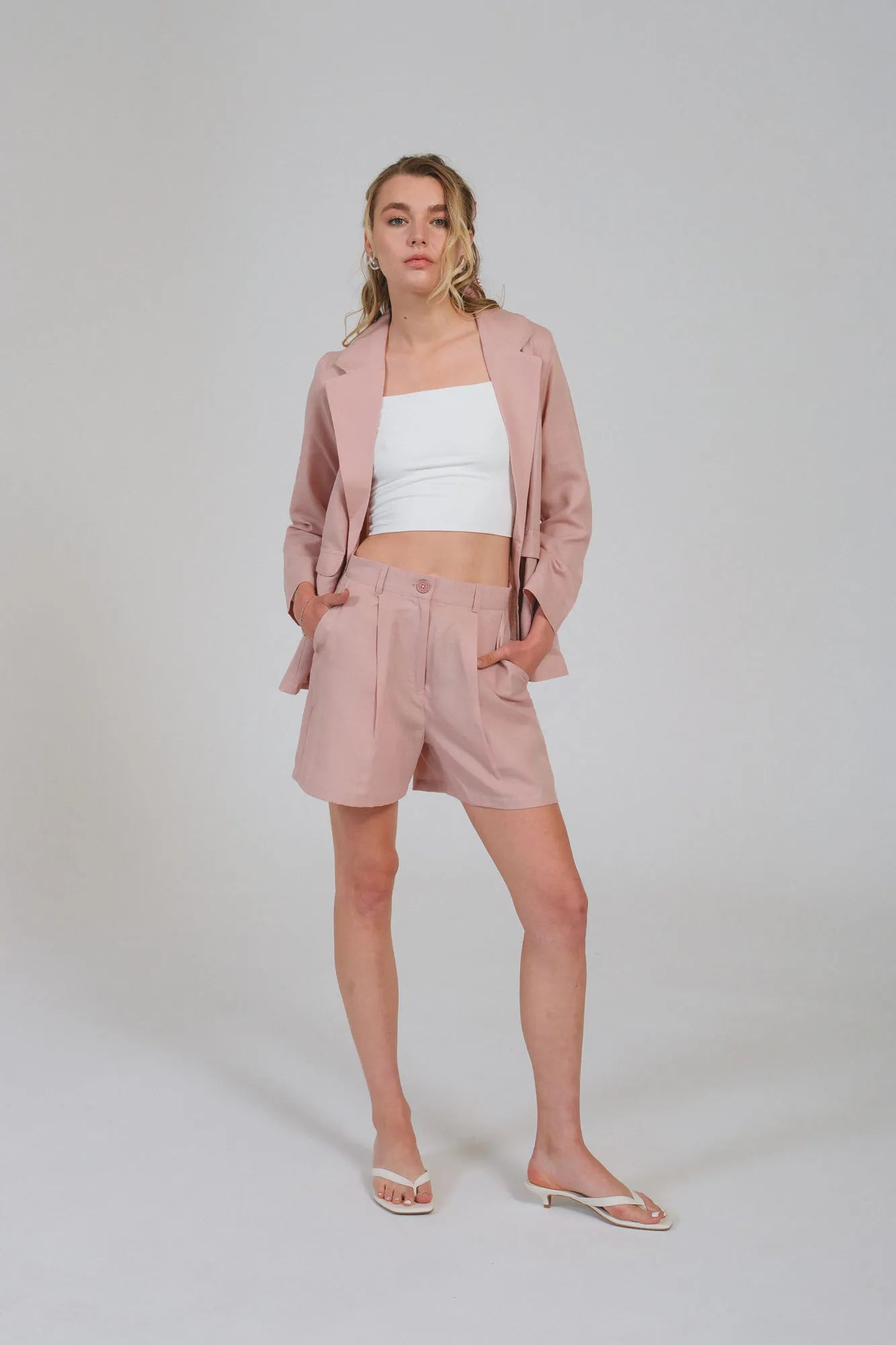 European Linen Pink Blazer & Shorts Set