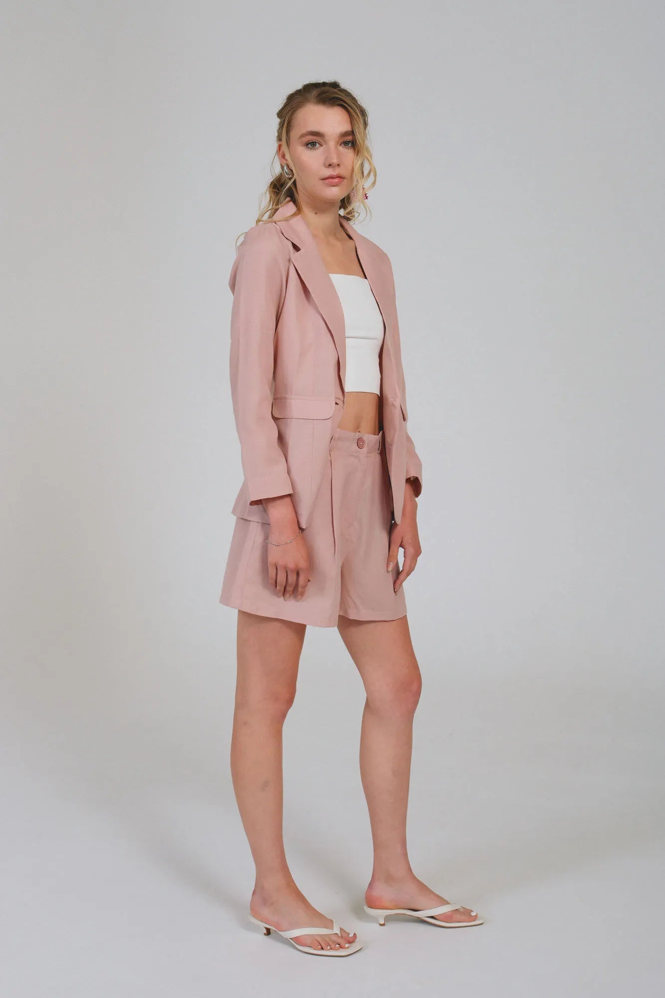 European Linen Pink Blazer & Shorts Set