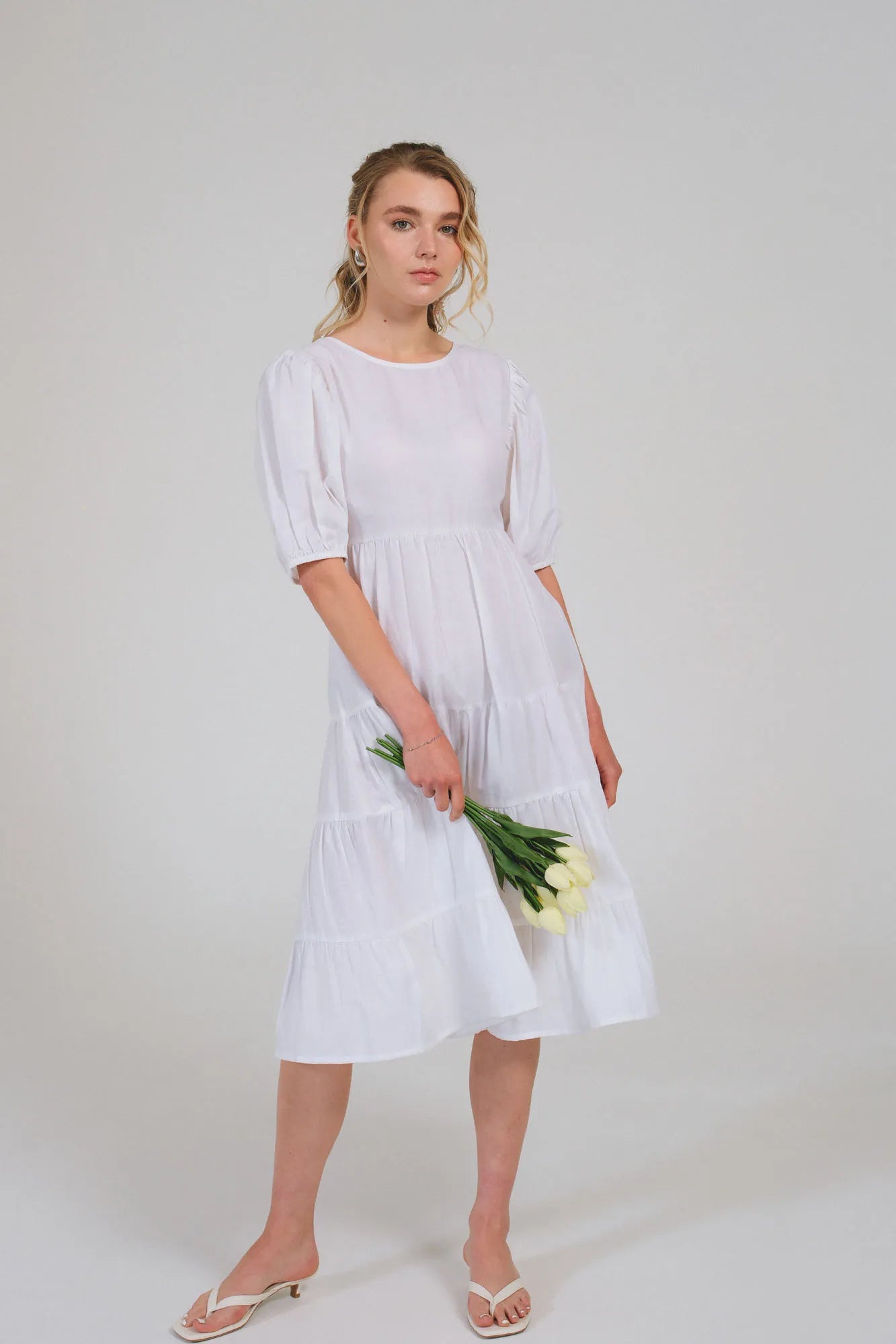 European Linen White Button Dress