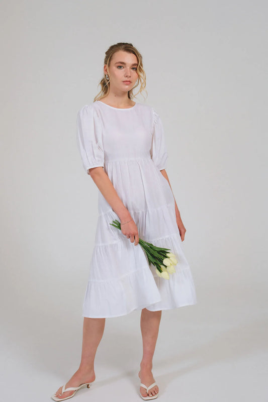 European Linen White Button Dress