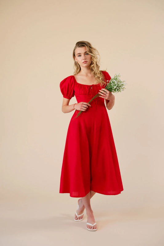 European Linen Red Dress