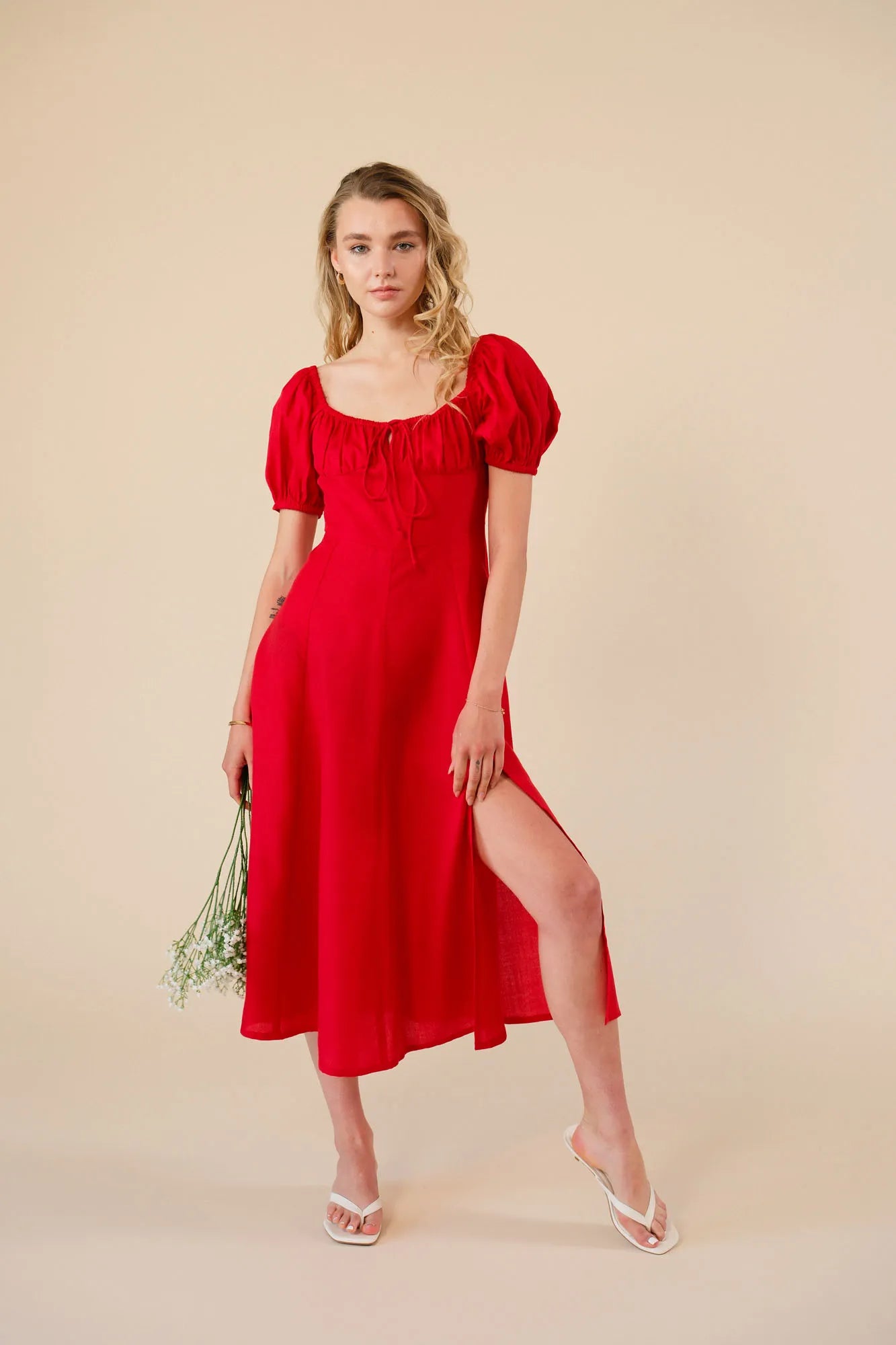 European Linen Red Dress